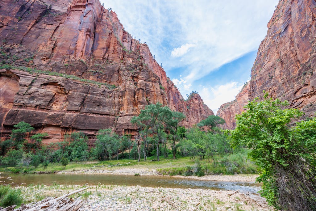 Easy, flat, Riverside walk and entrance to the Narrows at Zion National Park's in Utah.