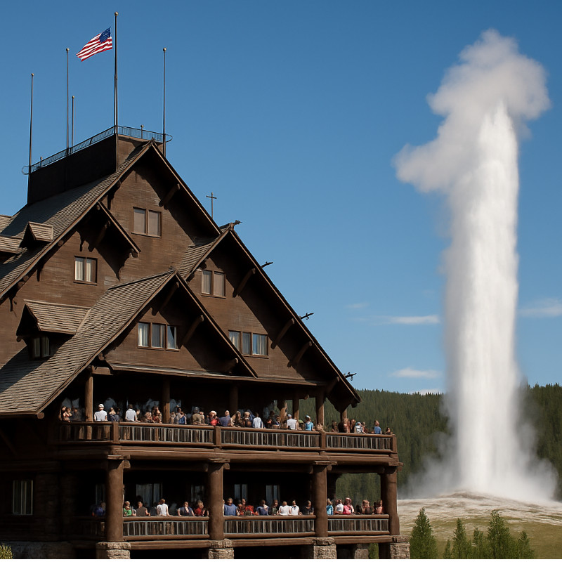 Watching Old Faithful geyser erupt from the balcony of the unique, historic Old Faithful Inn in Yellowstone National Park