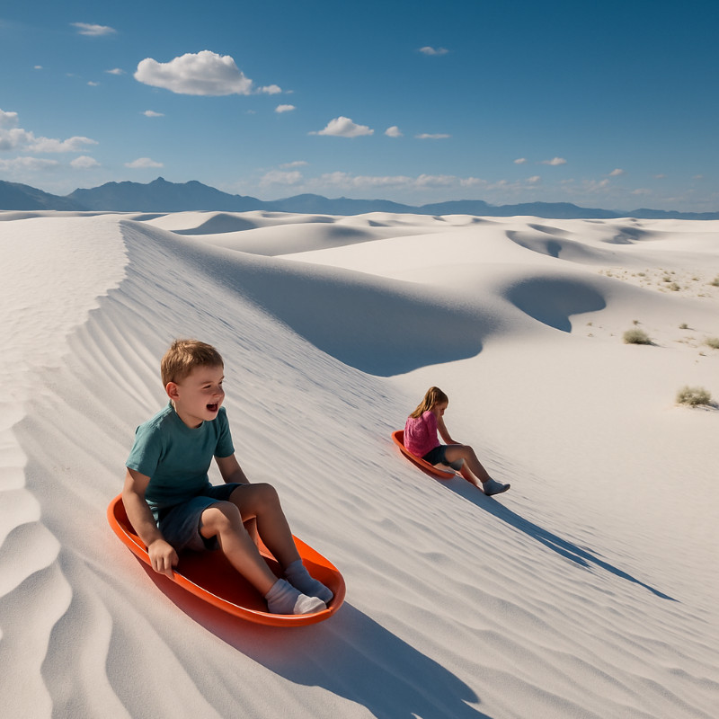 Kids sledding in the sand during spring break in White Sands National Park