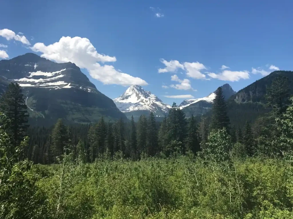Scenic view of the famous Going-to-the-Sun Road winding through the high alpine mountains.