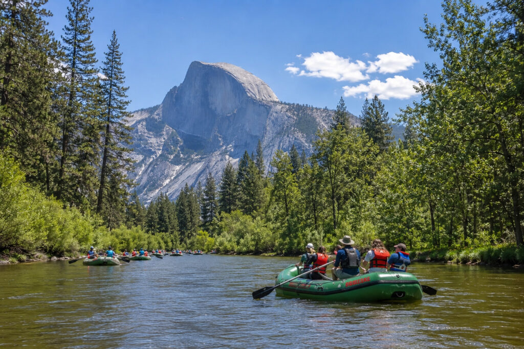 Family rafting on gentle scenic float on Merced River in Yosemite National Park with view of Half Dome