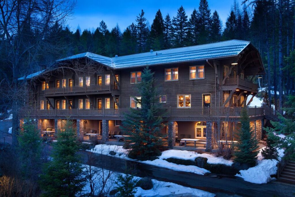 Outside view of historic Belton Chalet hotel in West Glacier National Park