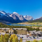 St Mary Village hotel with Glacier National Park mountains in the background