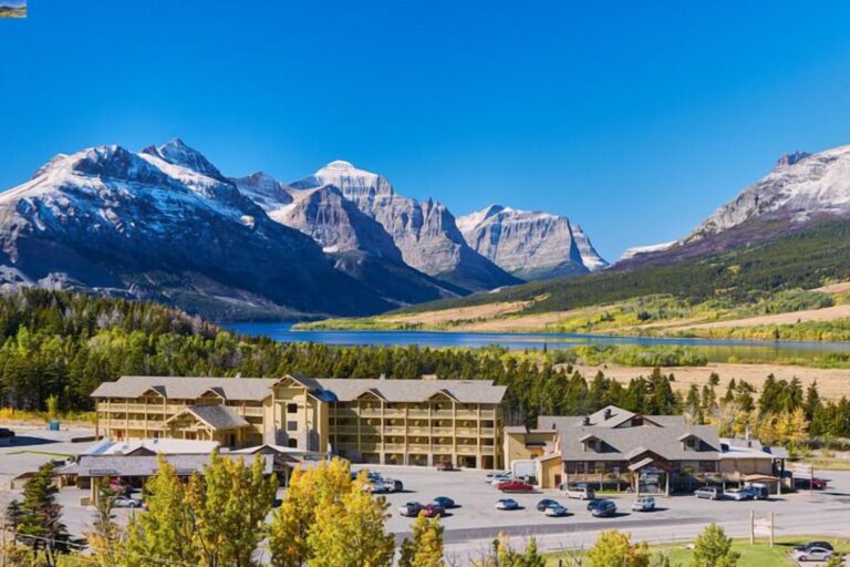 St Mary Village hotel with Glacier National Park mountains in the background