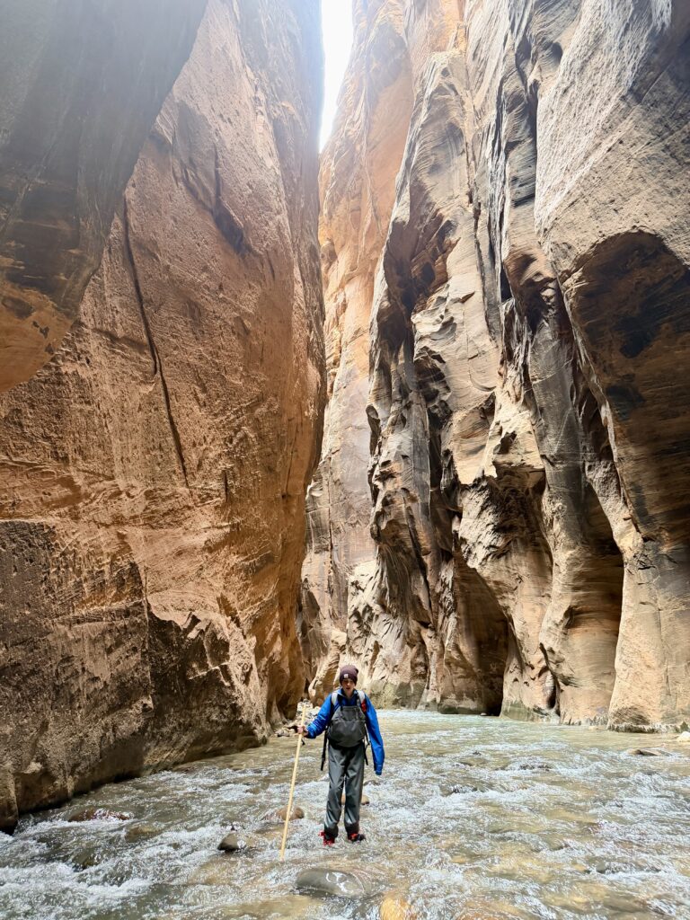 Hiking the Narrows with cold weather gear in Zion National Park