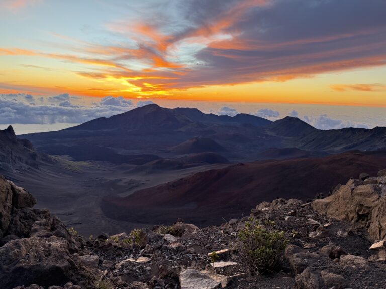 Sunrise with golden sky over Haleakalā National Park in Maui, Hawaii