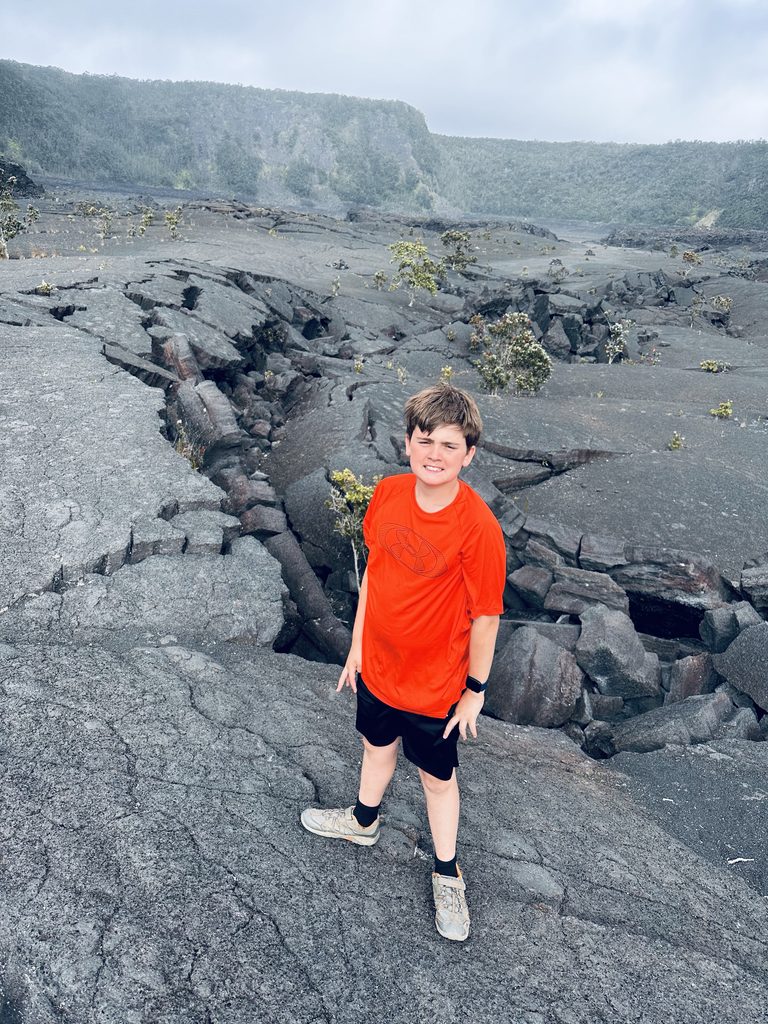 Hiking on the volcanic craters in Volcanoes National Park on the BIg Island of Hawaii